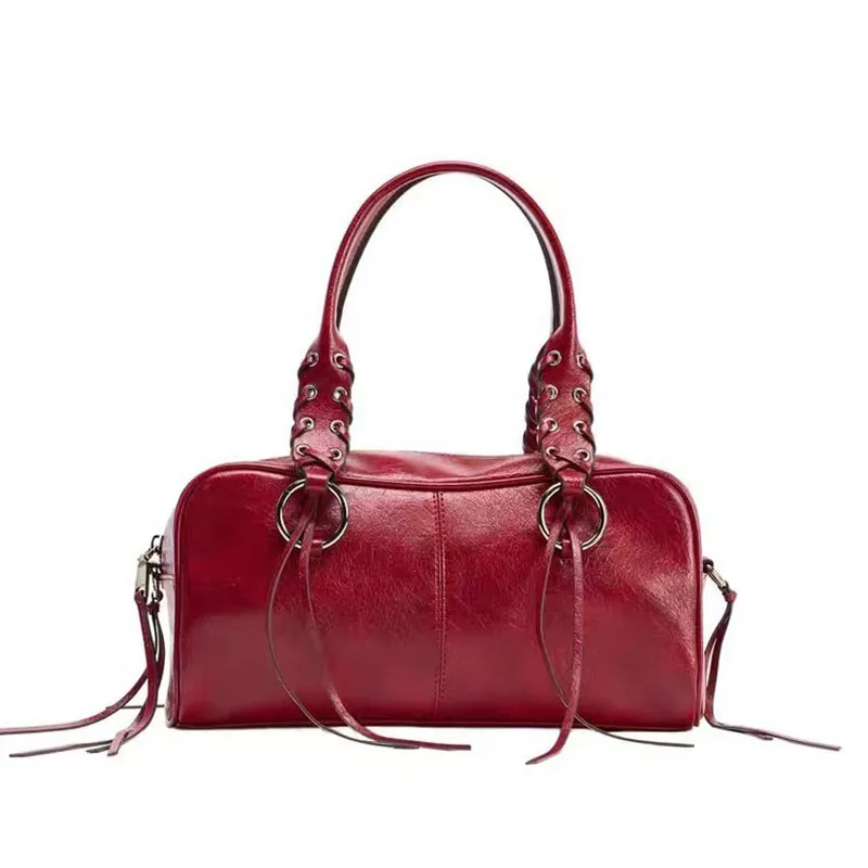 

Women Fashion Pu Leather Rivets Tassels Boston Bag Grommet Eyelet Top Handle Handbag Adjustable Long Strap Cross Body Purse