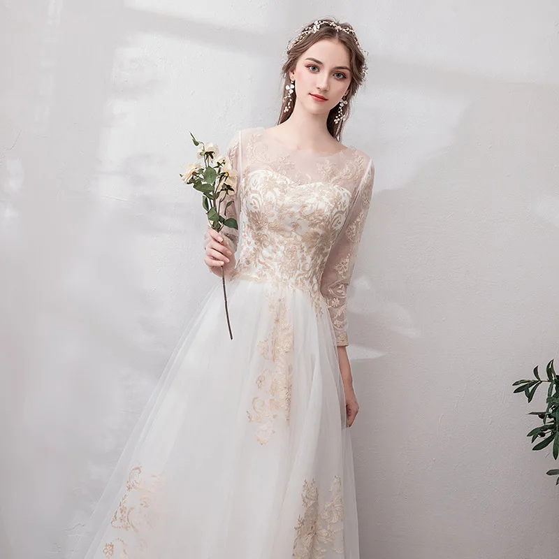 Perspective Tulle Casual Wedding Dress Women's Sexy Backless Long Sleeve A-Line Gown Classical Tulle Applique Embroidery Vestido