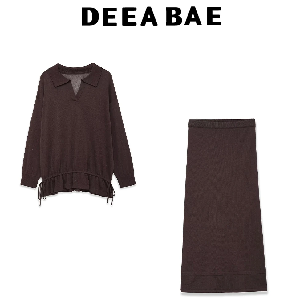 

DEEABAE Women's new retro style POLO collar drawstring pleated decoration long sleeved top half skirt set