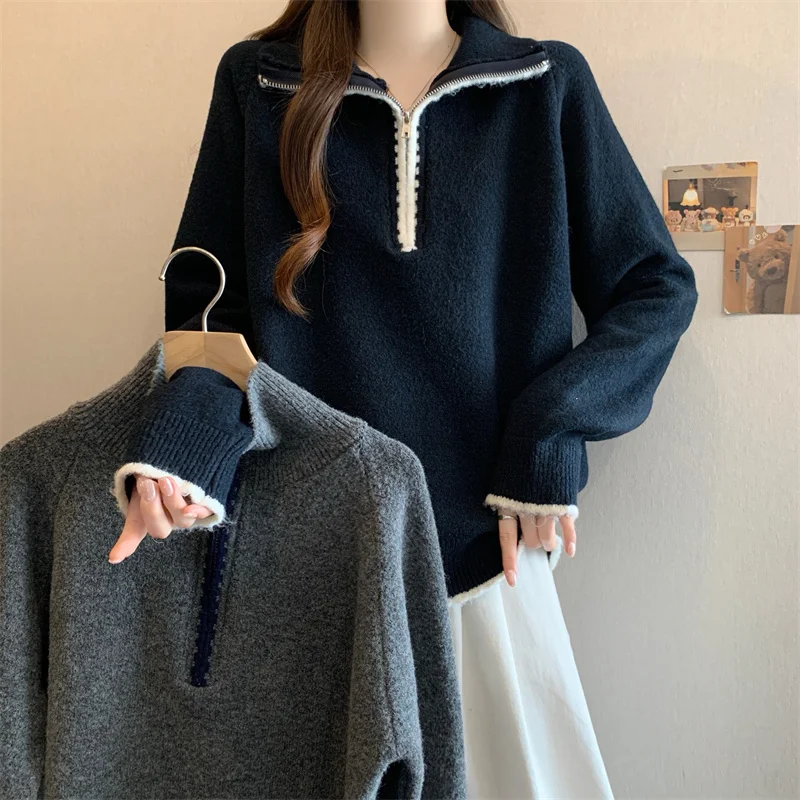 

Loose Women's Sweater Spring Autumn plus Size Cover up Agel Lazy Sle Knitted Top with Zipper Casual Faion Commute Sle