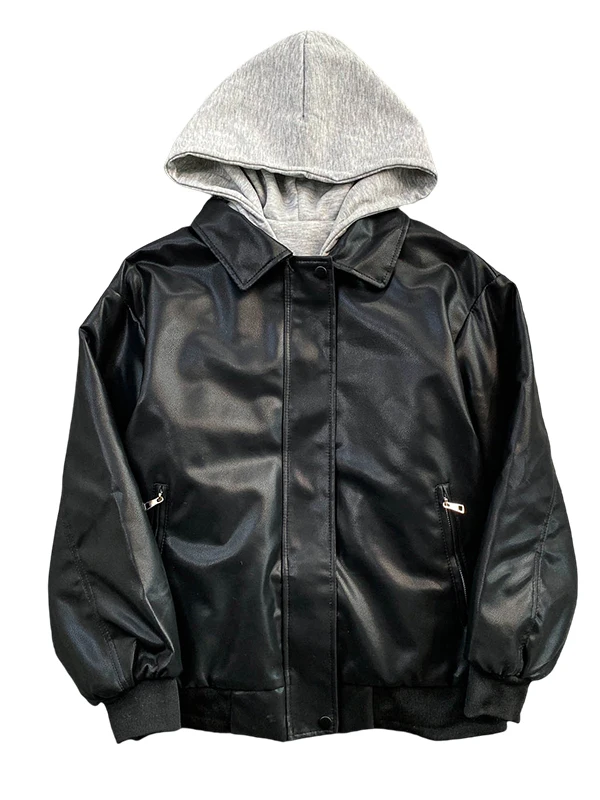 Retro Kurtka Damska ze Skóry PU z Kapturem, Podszewką i Efektem Wyszczuplającym, Styl Vintage, Długi Rękaw, Zapinana na Zamek