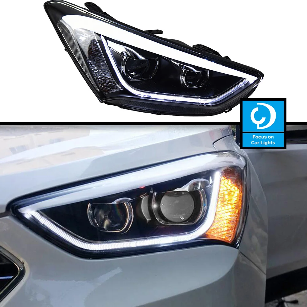 Car Front Headlight For Santafe ix45 2013-2015 Fiesta LED HeadLamp Styling Dynamic Turn Signal Lens Automotive Accessories 2PCS