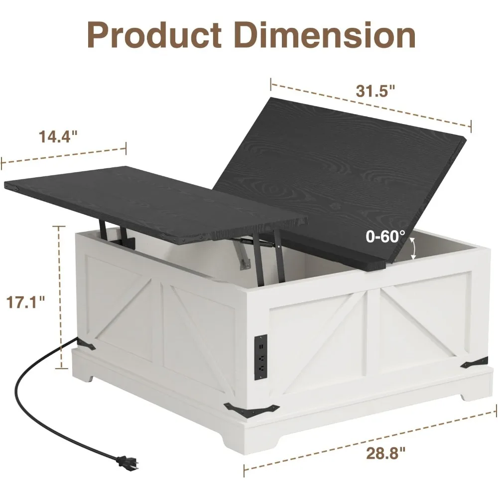 Farmhouse Style Square Wood Lift-Top Coffee Table with Storage and Charging Station, Rustic Design Centerpiece for Living Room