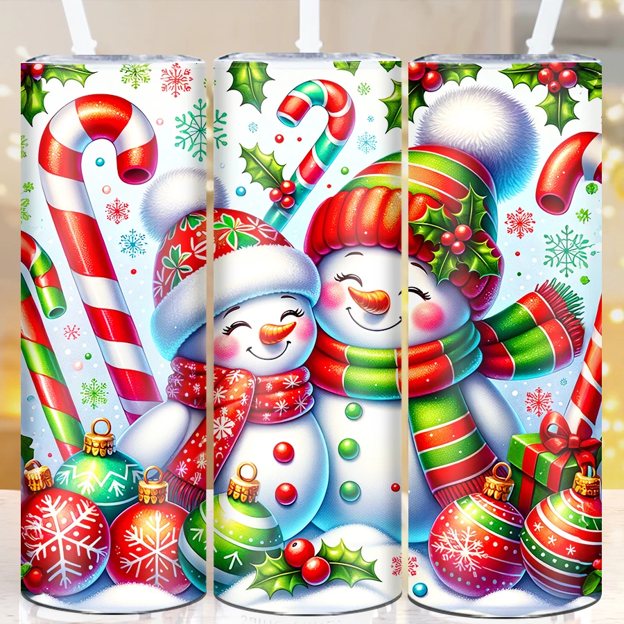 1Pc Xmas Water Mugs Straw Lid 20oz Stainless Steel Insulated Straight Mugs 3D Print Christmas Snowman Tumblers Party Supplies