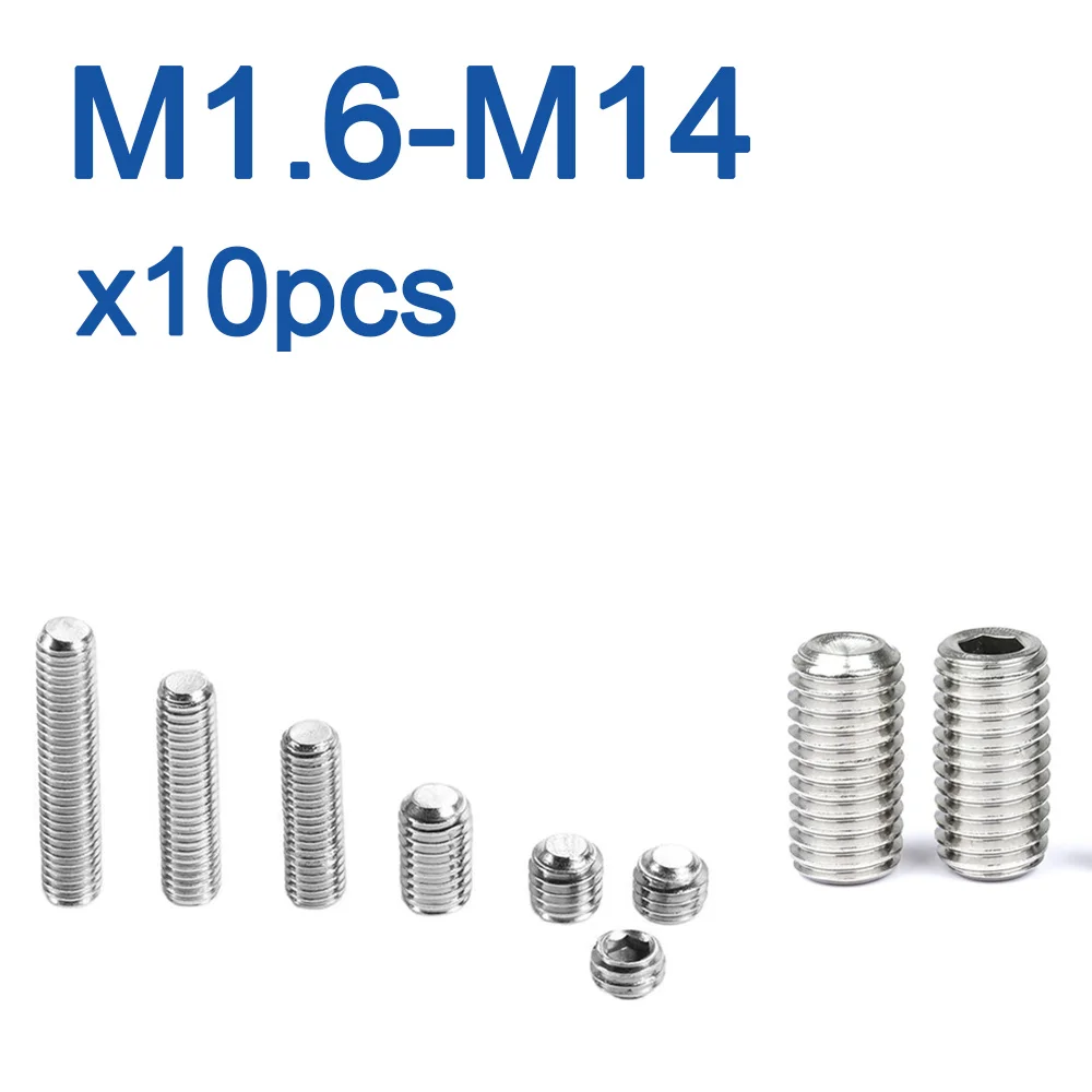 10 pcs/lot Hex Socket Set Screw Cup Point Stainless Steel M2 M3 M4 M5 M6 M8 M10 Headless Hexagon Socket Grub Screw DIN916