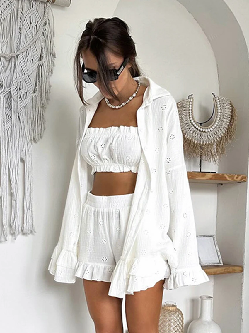 Marthaqiqi Cotton Women Nightwear Suit Strapless Tank Tops Pajamas Long Sleeve Nightie Turn-Down Collar Robe Shorts Home Clothes