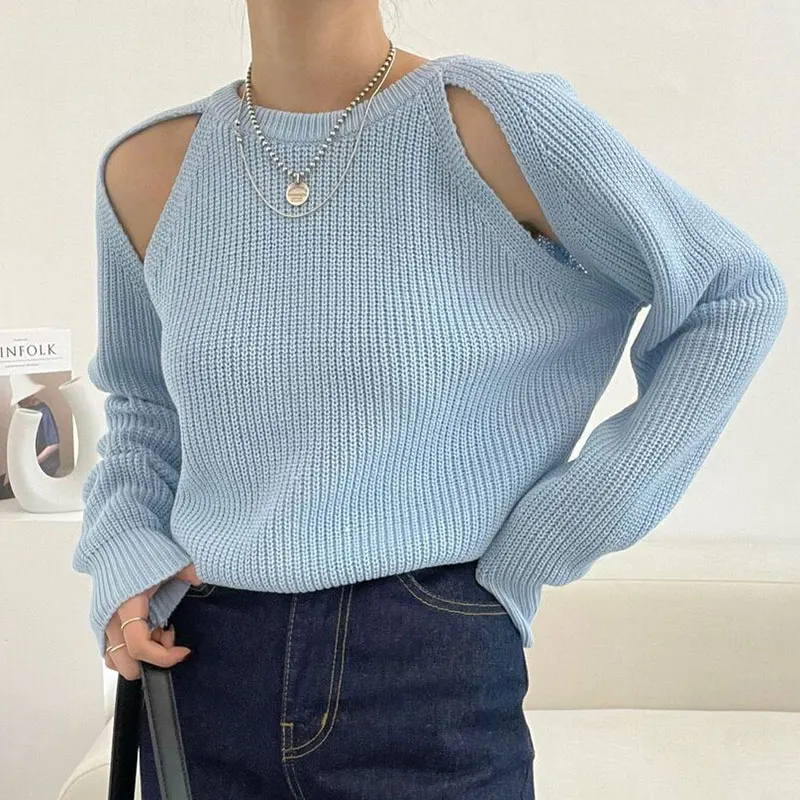 Maglieria da donna chic autunno inverno Morbido rotondo Ne Hollow out Design Long Sve Maglione ampio da pendolarismo Sle Colore puro