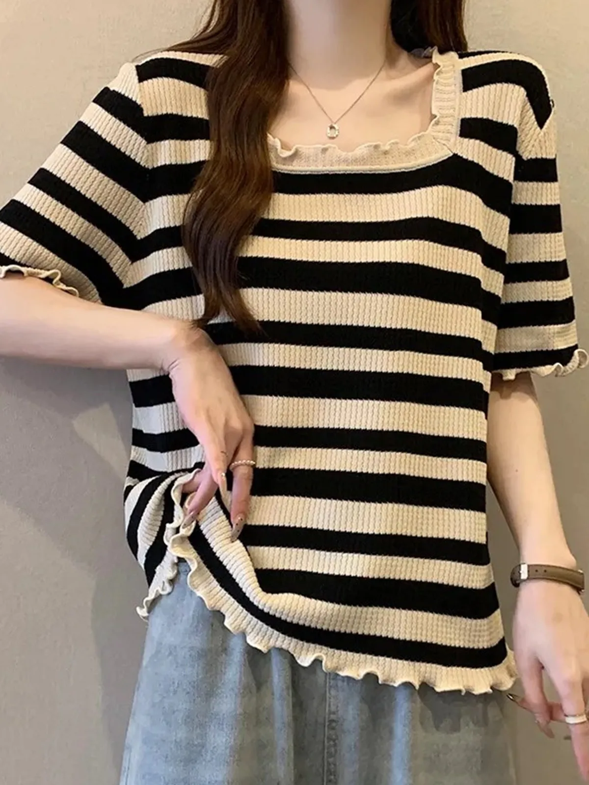 حجم كبير المرأة تي شيرت الحرير الجليد ort Sve محبوك فضفاض صالح ساحة طوق الصيف التخسيس مخطط الكورية Sle