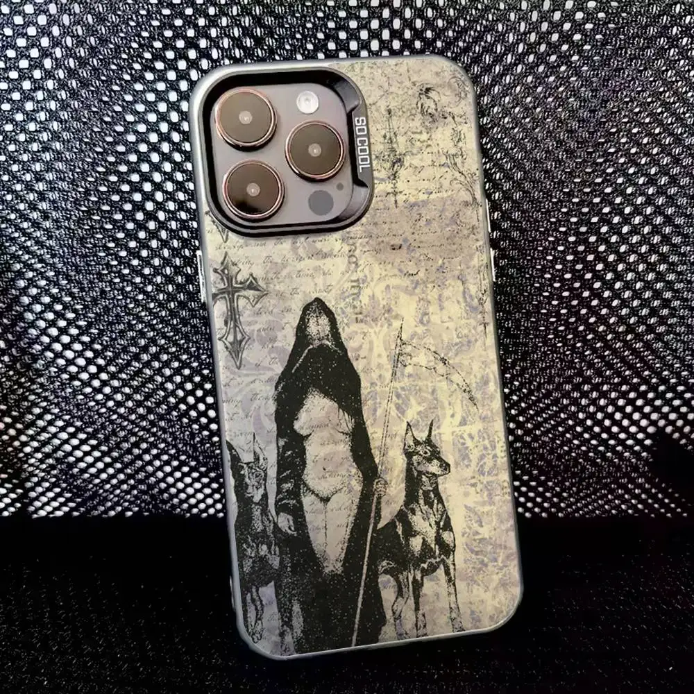 حافظة هاتف على الطراز القوطي cybersigilism لهواتف iPhone 16,15,14,13,12,11,8,7,Pro,Max,Plus,Mini,XS,SE مضادة للسقوط باللون الأسود غير اللامع