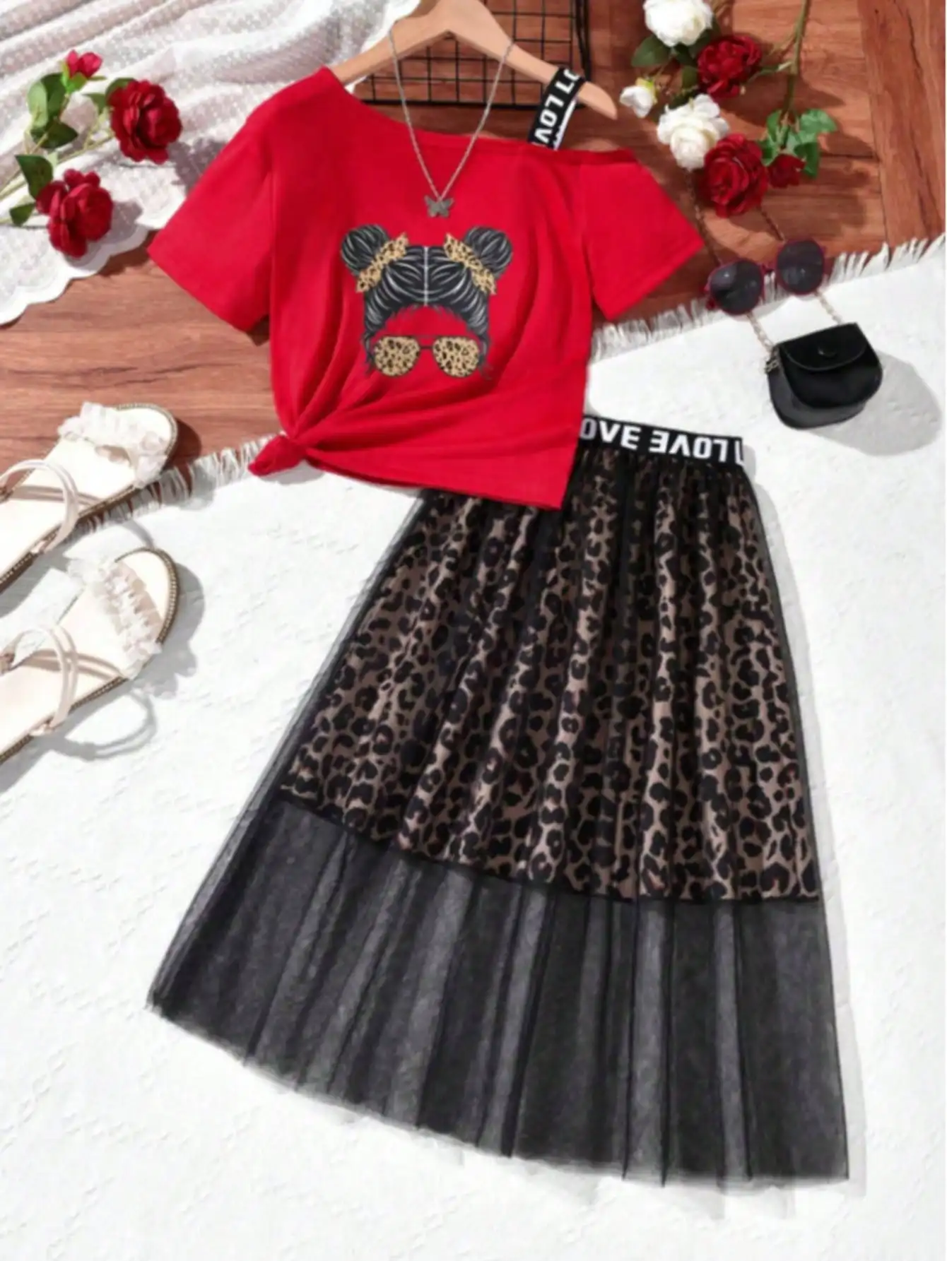 Girls' fashion two-piece black mesh leopard print midi skirt and fashionable one shoulder T-shirt summer two-piece set