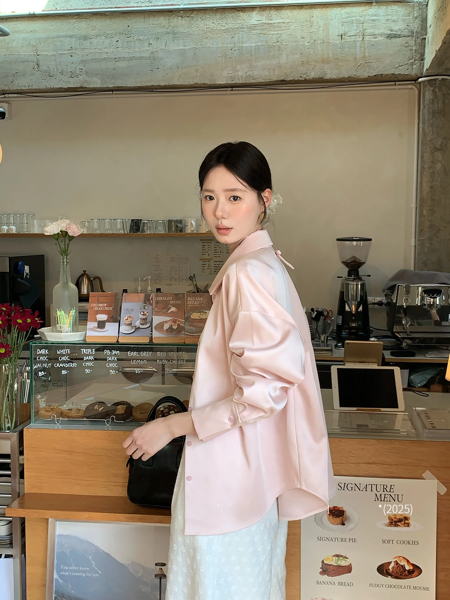 

Ele Long Sve irt Cherry Blossom Season Large Flower Pattern Peach Oolong Poer Korean Sle Commute Date irt