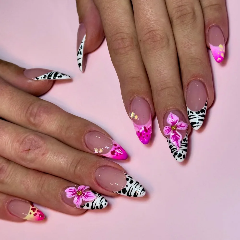 

24pcs White & Black Leopard Print Press-On Nails with 3D Pink Flowers & Pink Border, Long Almond Shape, Assorted Sizes