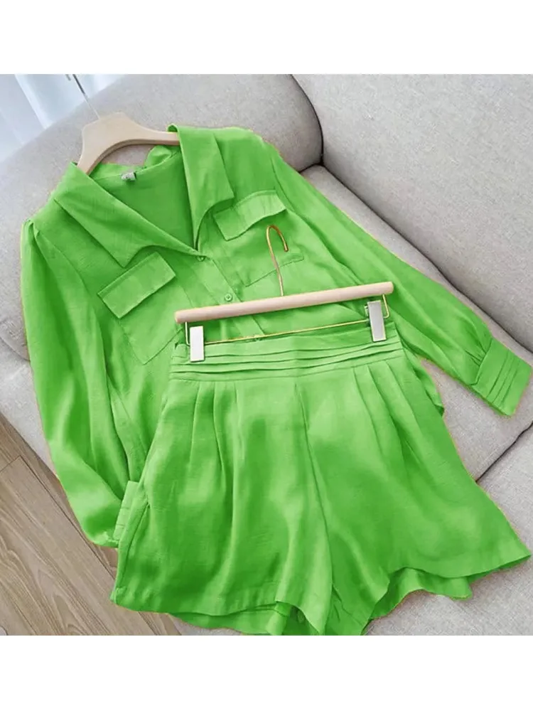 Set corto primavera estate donna moda verde casual camicia a maniche lunghe top set da 2 pezzi vacanza femminile solido nuovo vestito abbigliamento