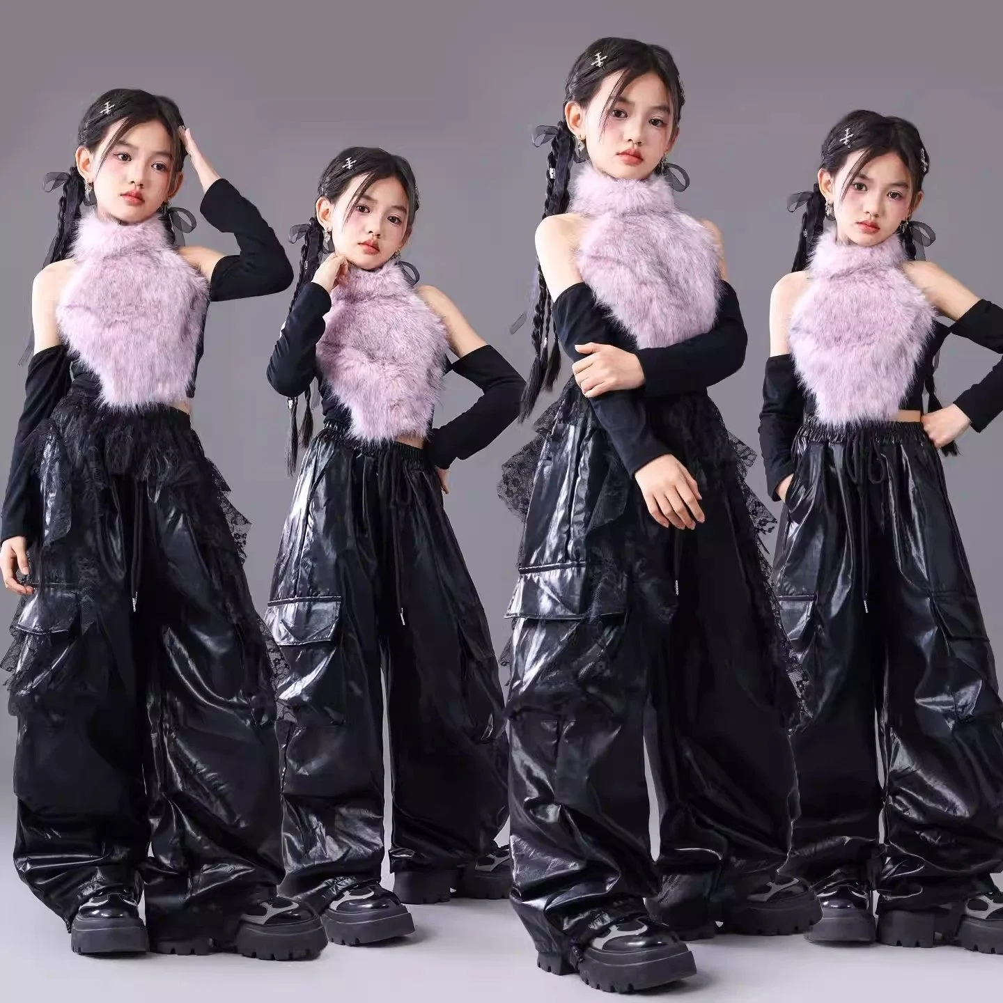 

Kpop Одежда для джазовых танцев для девочек Розовые пушистые топы Черные кожаные брюки Хип-хоп Одежда для уличных танцев Костюм для подиума BL18372