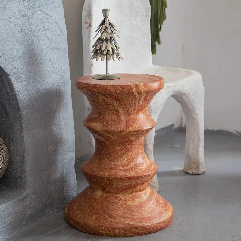 

intage Red Travertine Side Table&Spiral Coffee Table Combo-Multi-functional LivingRoom Console with Balcony Round Table Function