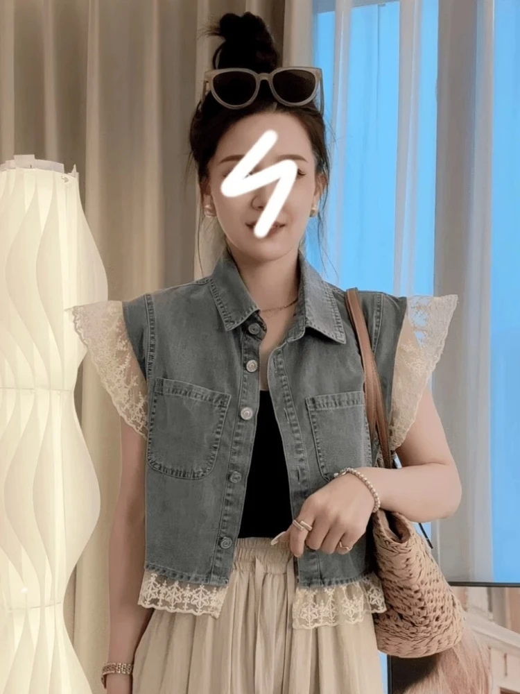 

Korean Sle Lace Trim Denim Vest Top Women's ort Sve Layered Outerwear Summer New Faion Fly Sve Vest