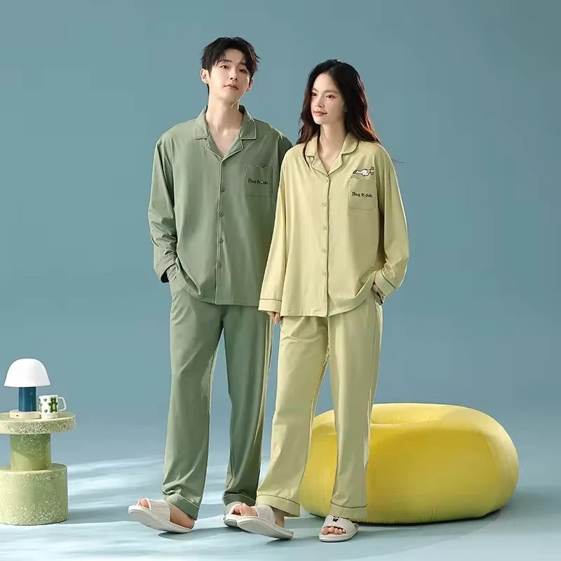Minimalist Long Sleeved Cartoon Embroidery Pajamas Spring Autumn New Couple Pure Cotton Home Suit Set Women's Sleepwear & Lounge
