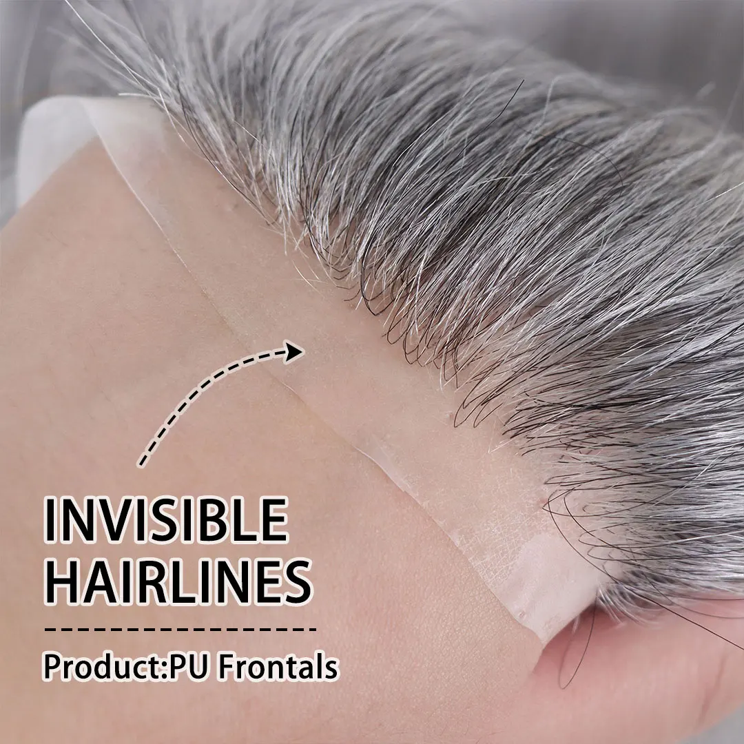 Straight Man Toupee V Style Frontal Hairline For Men Human Hair 0.06mm Ultra Thin Skin PU 1b 60 Grey Męska proteza kapilarna