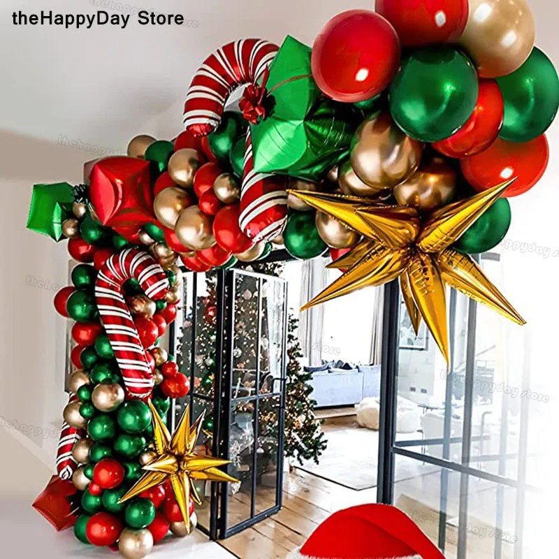 Christmas Balloon Arch Green Gold Red Box Candy Balloons Garland Cone Explosion Star Foil Balloons Christmas Decoration Party