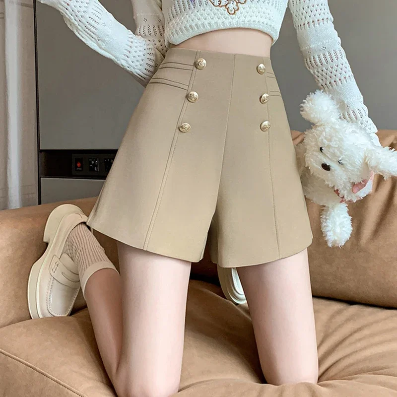 팝 카키 더블 버클 캐주얼 와이드 레그 반바지 여성용 하이 웨스트 정장 패브릭 여름 숙녀 짧은 바지