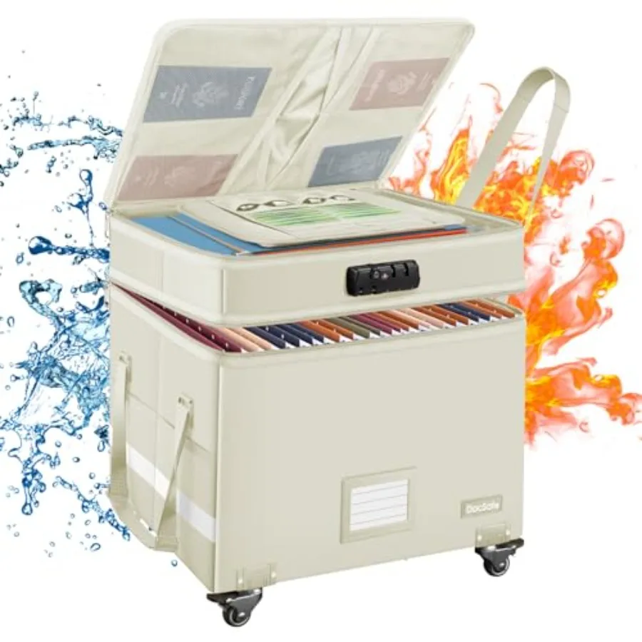 

Fireproof Document Box with Lock2-Layer File Box with Wheels Collapsible File Storage Organizer with Pockets Large Portable Off