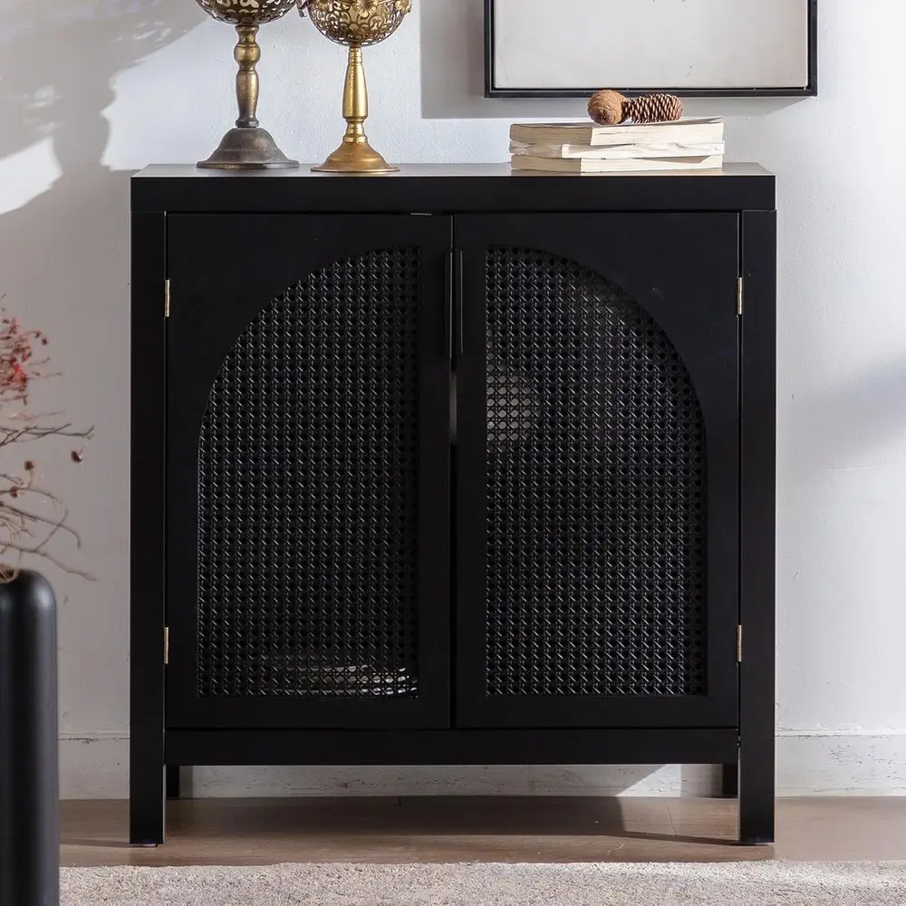 

Walnut-Tone Cabinet with Storage, Rattan Door Accent Sideboard, Coffee Bar Table, Adjustable Shelves Dining Room Furniture