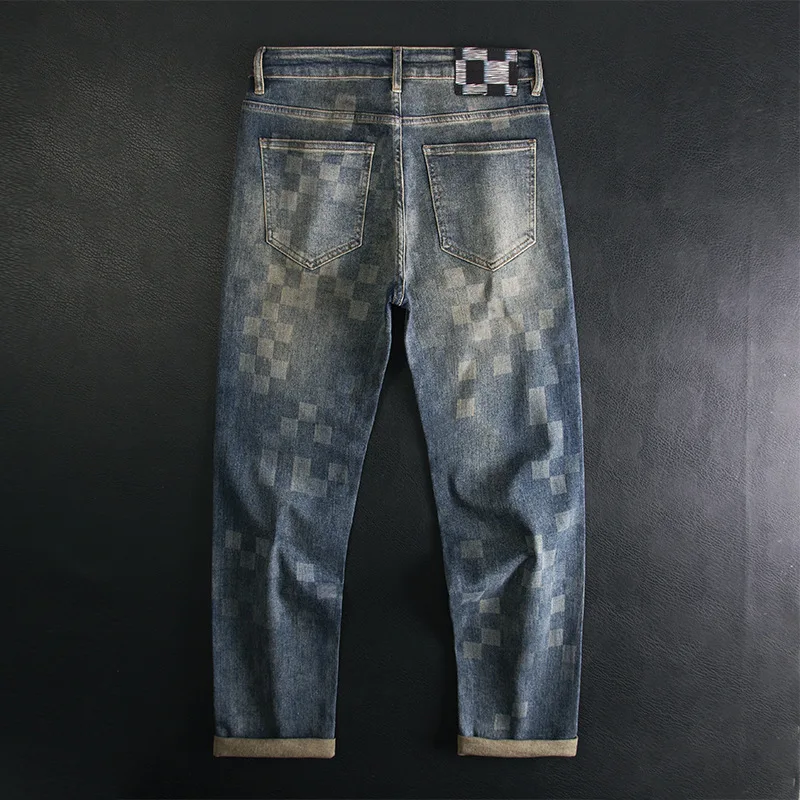 

Light luxury trendy jeans men's mosaic checkerboard print loose straight tube American fashion design sense long pants