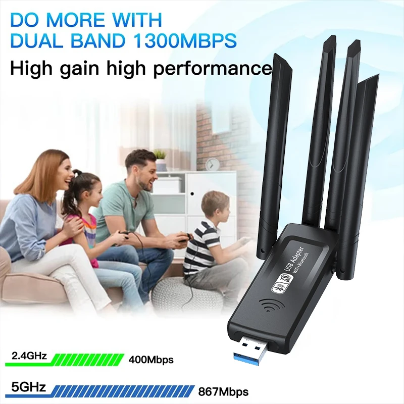1300Mbps WiFi 6 Network Card 2.4G/5Ghz Bluetooth 5.4 Wi-Fi Dongle AX1300 USB 4-Antenna Wireless Receiver For PC/Laptop Win10/11