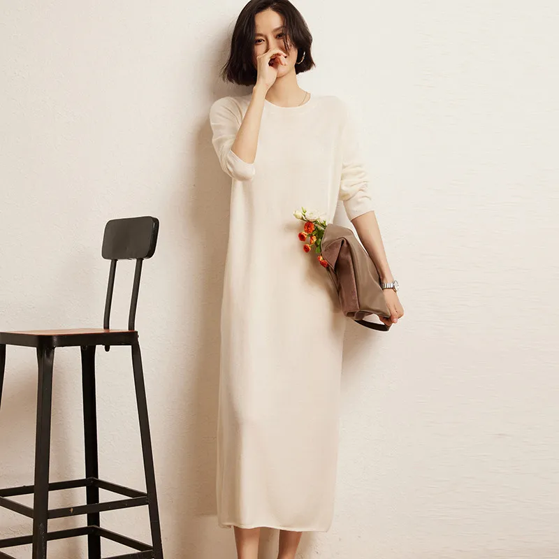 High-end New 100% Cashmere Sweater Longer Dress Women O-Neck Fashion Knitted Dresses Female Loose Casual Long Sleeve Pullover