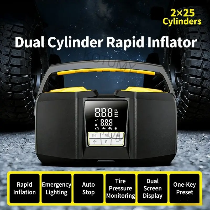 Dual-Cylinder Smart Digital Display Car Air Compressor Dual 25mm Cylinders for SUV Off-Road Pickup with Emergency Inflation & LE