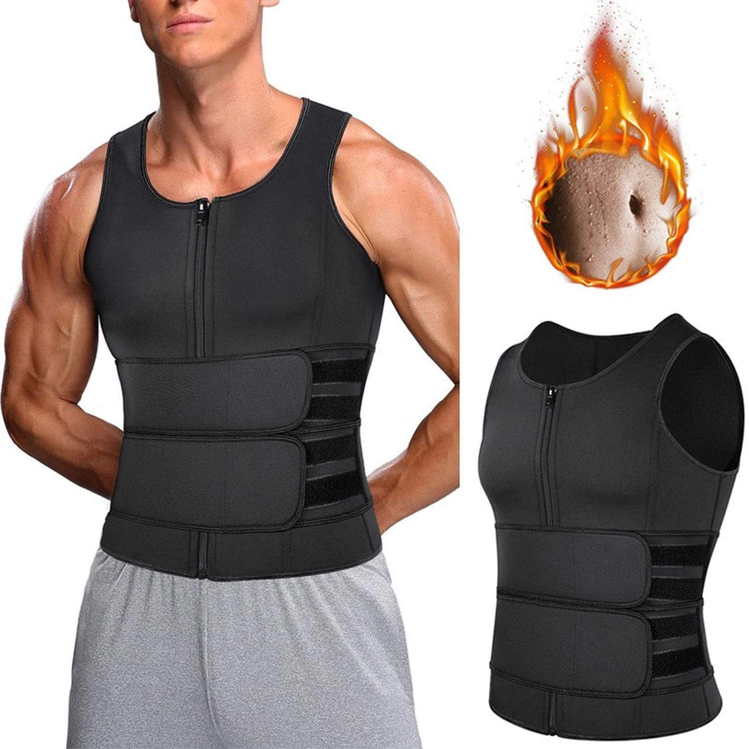 

Men Sauna Vest Waist Trainer Sauna Suit Double Sweat Belt Body Shaper for Gym Workout Exercise Zipper Tank Top Shapewear