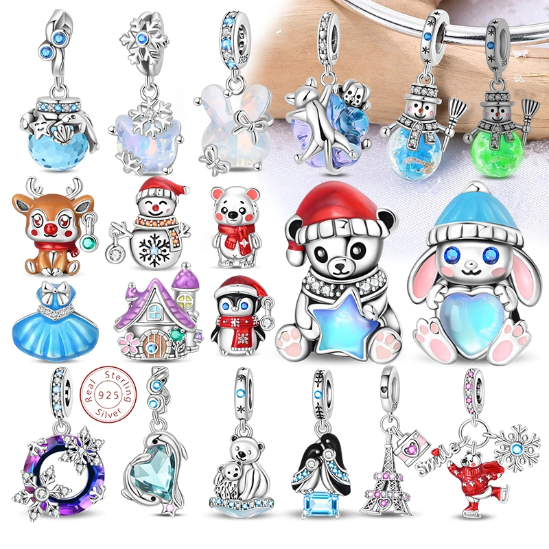 Ice&Snow Charms 925 Sterling Silver Xmas Snowman Penguin Elk Rabbit Polar Bears Fit Original Bracelet Pendant Women Jewelry Acc