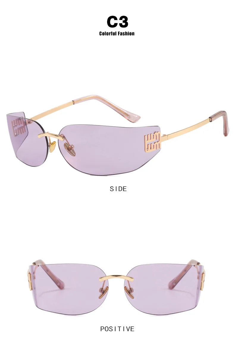 Hochwertige Randlose Rahmenlose Sonnenbrille für Damen Luxuriöse Personalisierte Y2k Gebogene Metallbuchstaben Sonnenbrillen Damenschattierungen – Detail 9