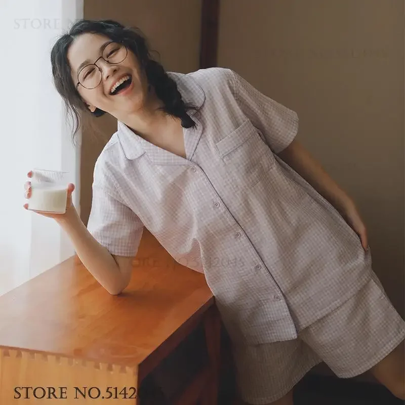 

Новый женский хлопково-марлевый пижамный комплект, одежда для дома, летние шорты с короткими рукавами, пижамный костюм, ночная рубашка, удобная повседневная домашняя одежда