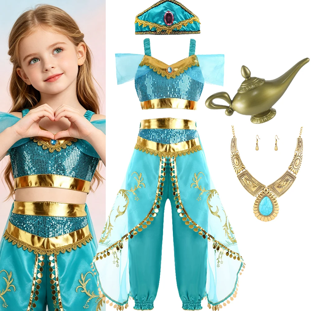 Blaues Arabisches Prinzessinnen-Kostümset mit Halskette, Ohrringen und Kopfschmuck für Halloween, Weihnachten, Karneval, Party, als Kostüm oder Geschenk – Detail 2