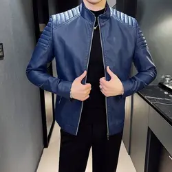 Korean =Spring Autumn Men Clothing Leather Jackets Solid Stand Collar Pockets Zipper High Street Casual Long Sleeve Slim Coats
