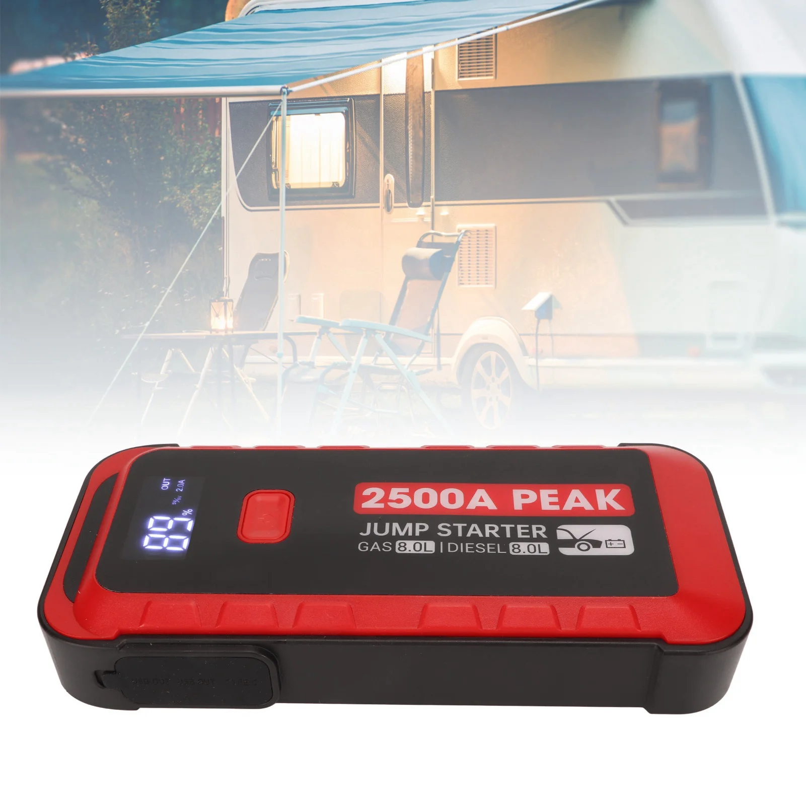 Portable Jump Starter LCD Display Strong Housing 2500A IP66 Waterproof USB Fast  Battery Jumper Starter for 12V Vehicle