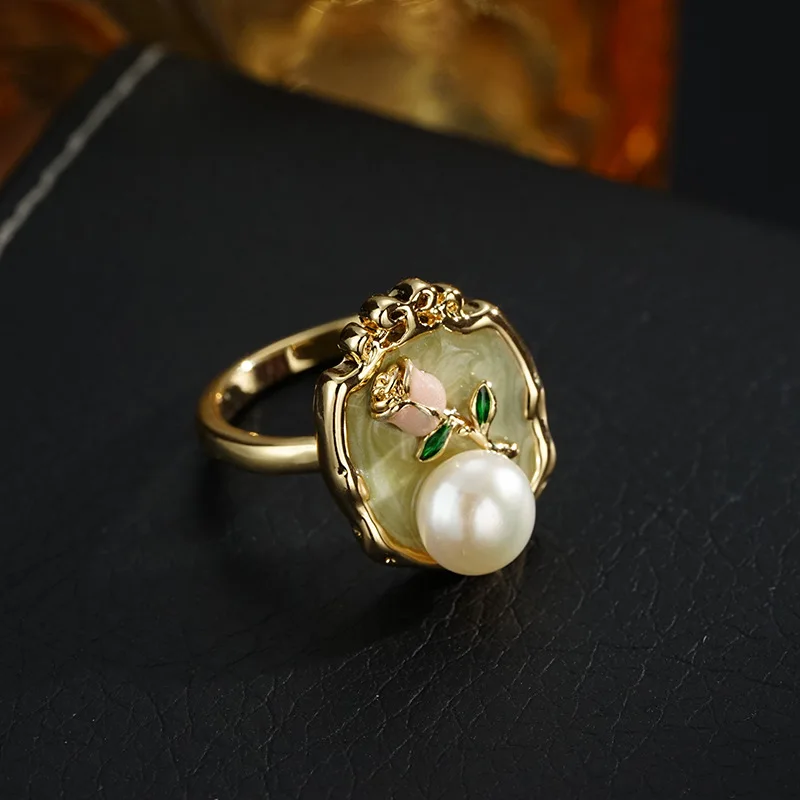 New Chinese oil painting style natural freshwater bead ring fashionable light luxury personality versatile