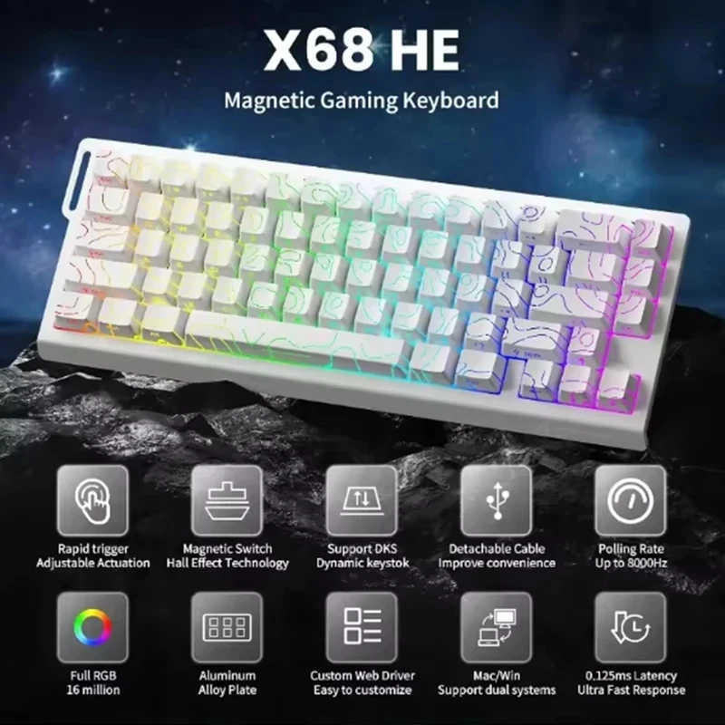 New X68 HE Rapid Trigger Keyboard 8000Hz Magnetic 0.01mm RT Accuracy Wired Ergonomics Gaming Esports Keyboard Win Macos