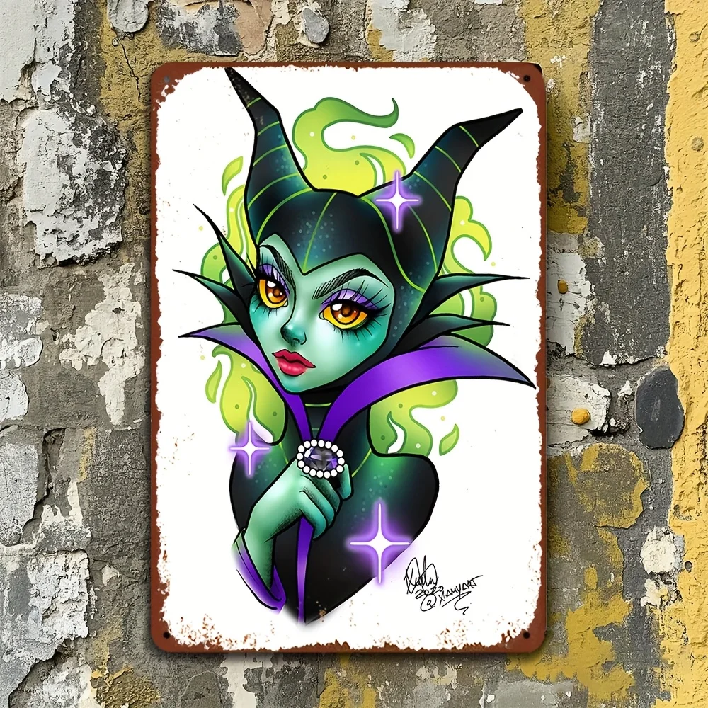 1 pieza de arte de pared de hierro con temática de Maléfica y Aurora, 8x12 pulgadas, diseño verde y morado vibrante, Si de metal decorativo con licencia oficial