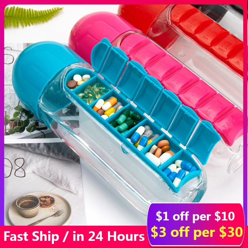 

600Ml 7 Days Drug Organizer Water Bottle with Pillbox Plastic Drink Bottle with Medicine Pills Box Travel Drinking Container