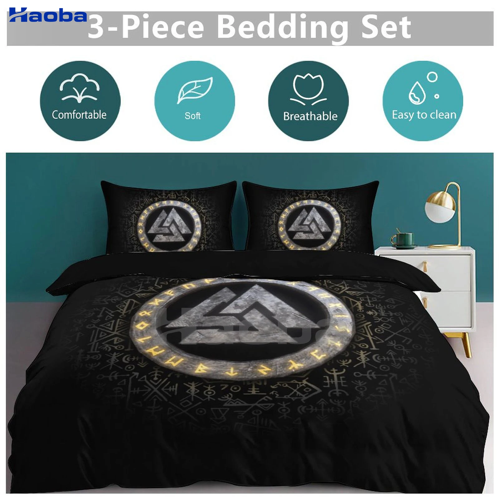 Juego de cama de tres piezas para niños o adultos, runas vikingas, Valknut, fundas de edredón, regalos de cumpleaños para mujeres y hombres