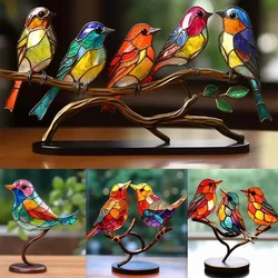 Stained Glass Birds On Branch Desktop Ornaments Double Sided Multicolor Birds Alloy Ornaments Bird Series Acrylic Decorations