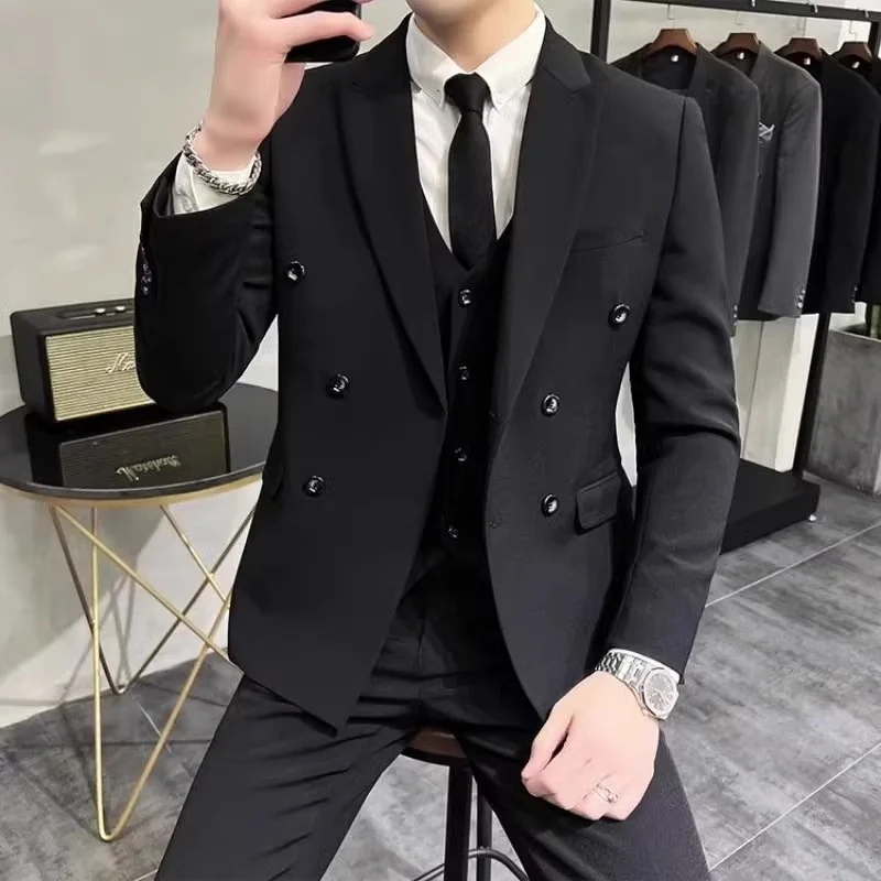 Autumn Winter Men's Double-breasted Slim Fit Suit Jacket Wedding Best Man Fashion Top Business Casual Standard Youth Style