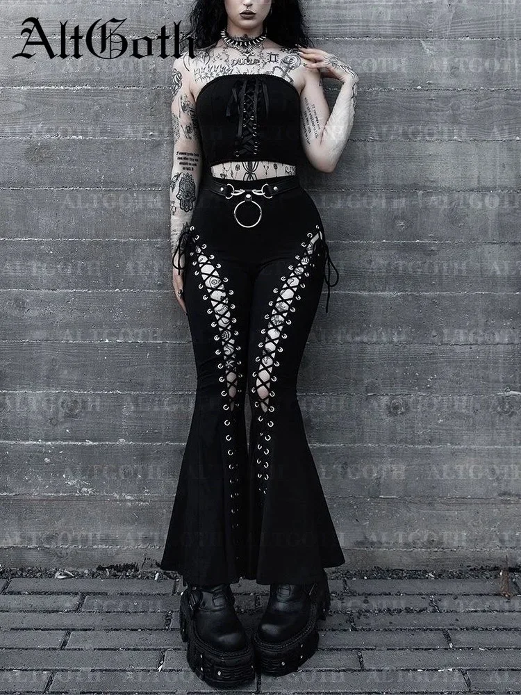 

AltGoth Streetwear Gothic Pants Women Harajuku Cyber Punk Eyelet Lace-up Hollow Out High Waist Flare Pants Y2k Grunge Trousers