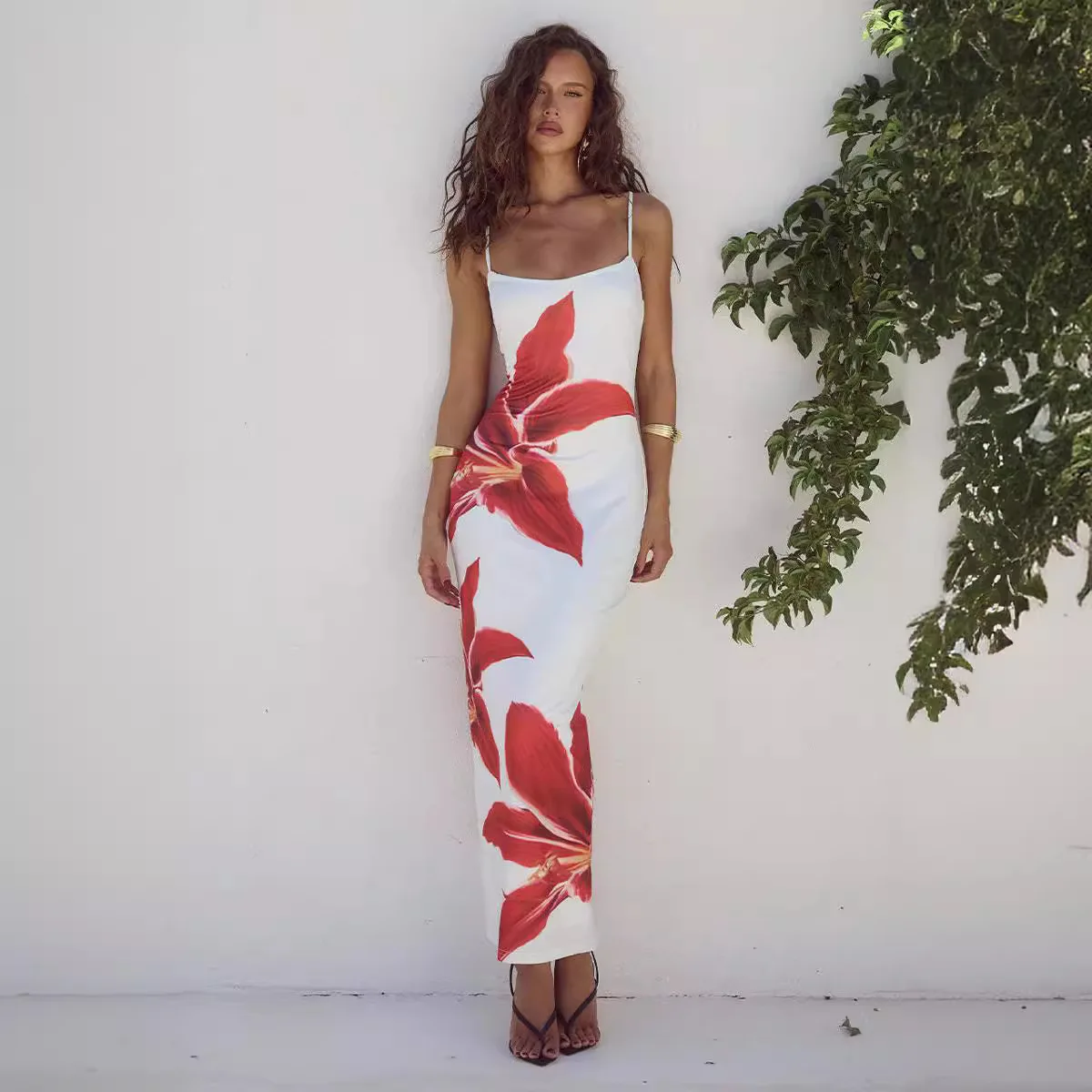 

Summer Women's New Sexy Suspender Flower Print Slim Dress Europe and America 2025