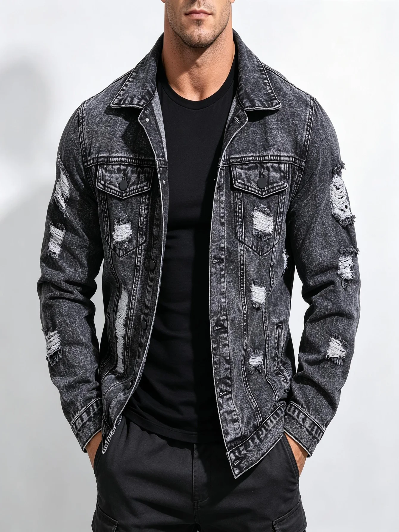 American Casual Street Men's Y2K Denim Jacket Long Sleeve Lapel Jean Outerwear Daily Gift for Husband Lover