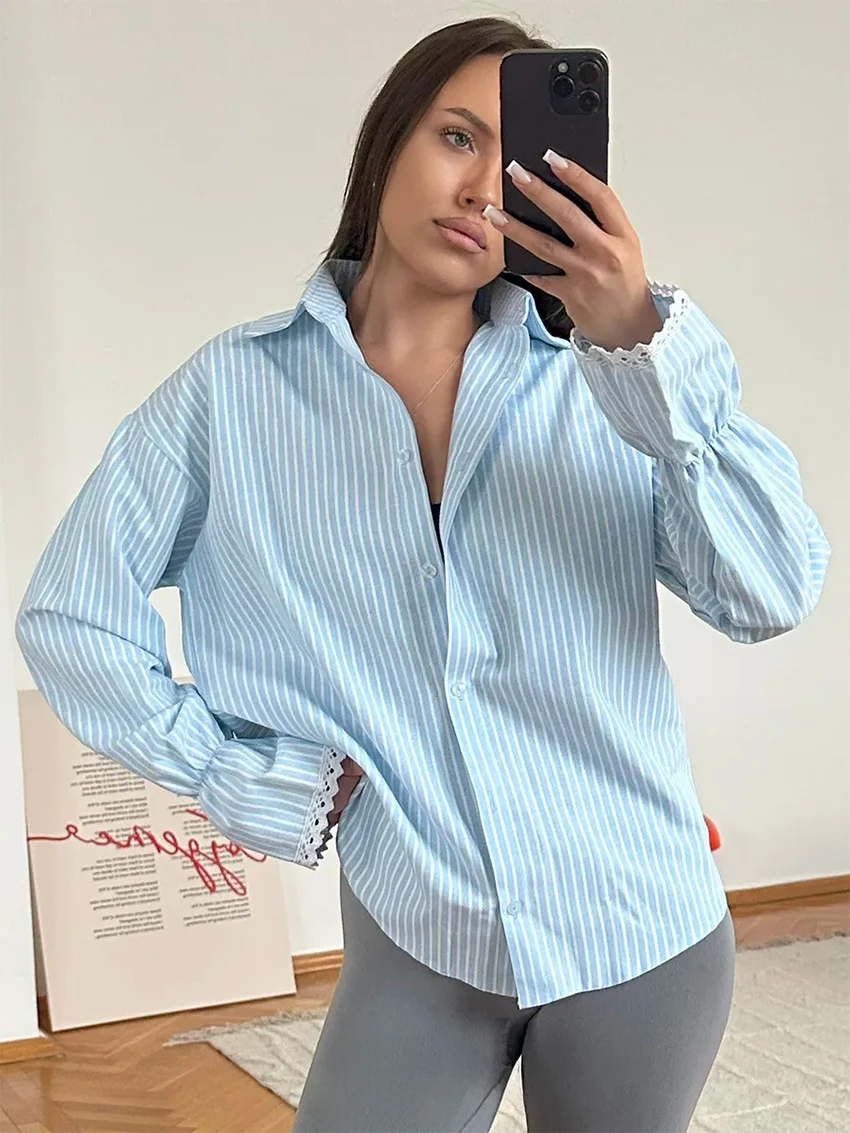

Parc Fee Fashion Loose Blue Stripe Print Women's Blouse 2026 Autumn Lapel Long Sleeve Lady Shirt Elegant Classic Top Female