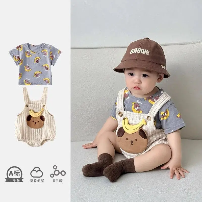 

Летняя одежда для маленьких мальчиков и девочек, комбинезоны для маленьких девочек, комбинезон для мальчиков, детская милая одежда с героями мультфильмов + футболки, комбинезоны без рукавов, брюки