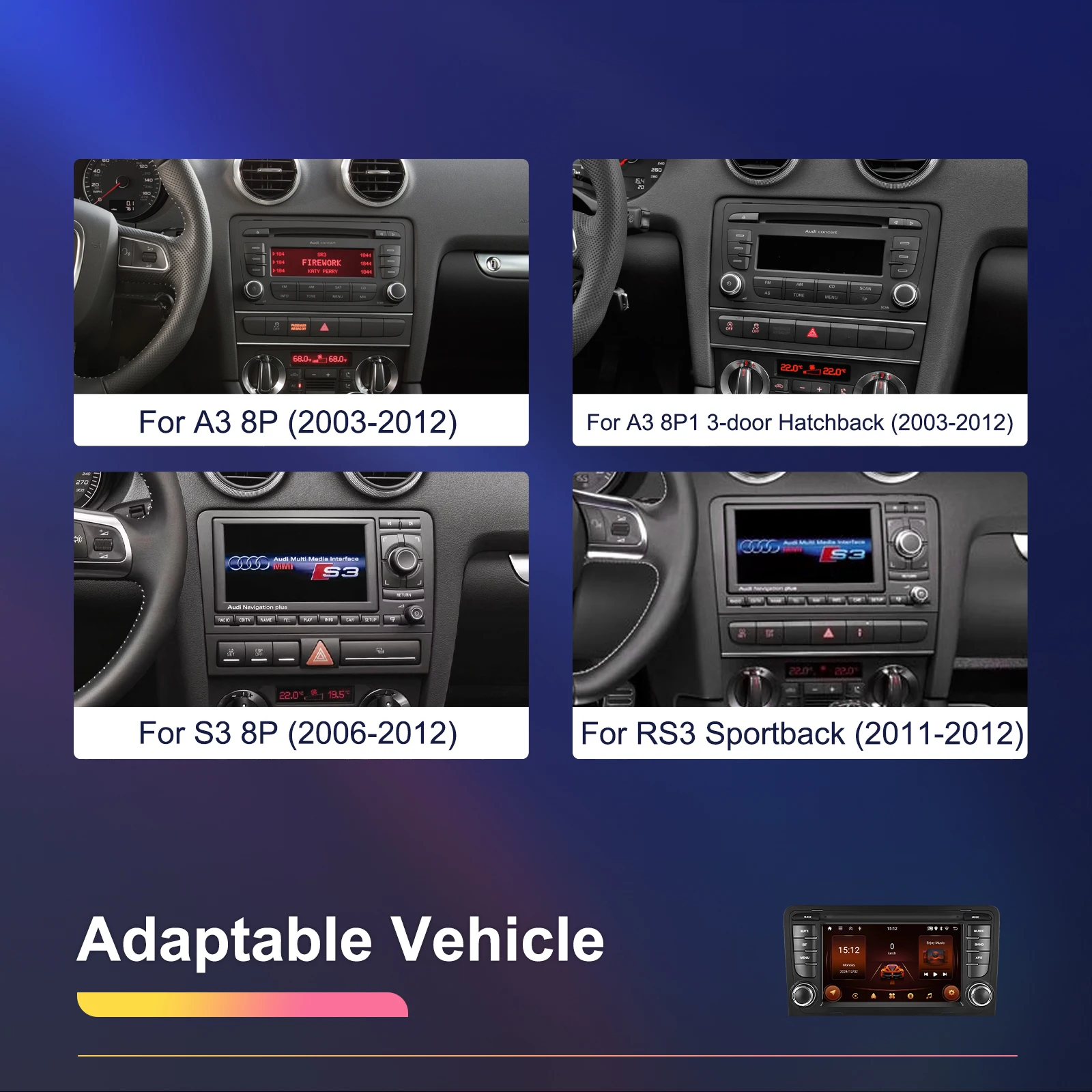 Podofo 2DIN 2+64G Autoradio für Audi A3 8P (2003-2012)/RS3 Sportback (2011-2012) Carplay Auto-Audio Android Auto GPS Mirror Link – Detail 2